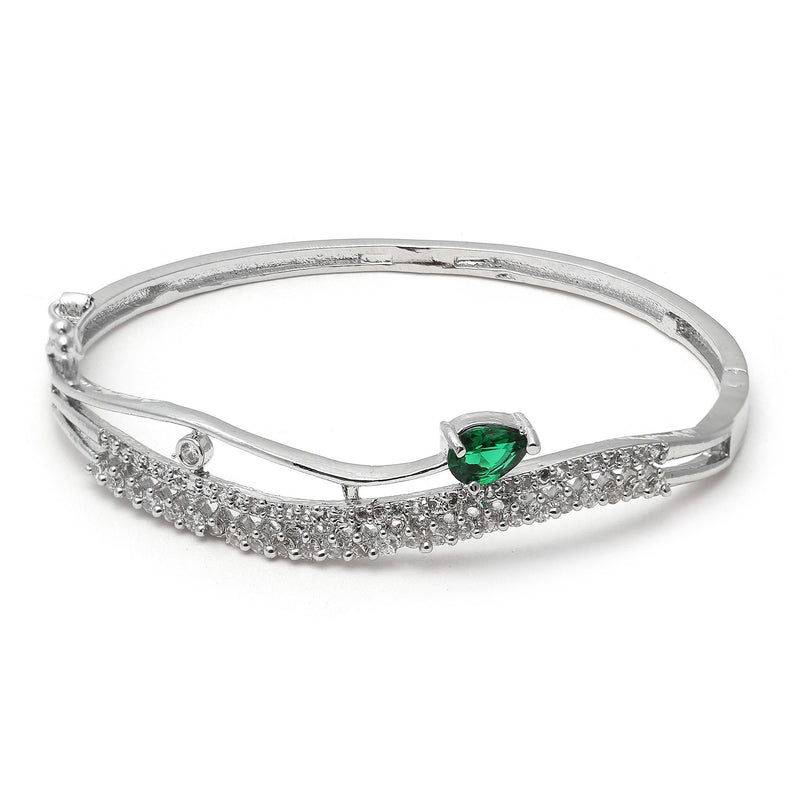 Rhodium Plated Silver Toned Emerald-Green Teardrop American Diamond  Stone Studded Kada Bracelet
