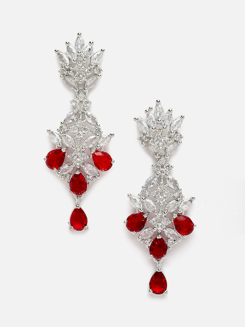 Rhodium-Plated Silver Toned Red American Diamond studded Spiked Shaped Drop Earrings