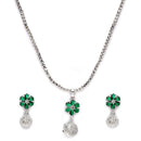 Rhodium-Plated Silver Toned Green Cubic Zirconia studded Floral Shaped Cute Pendant with Earrings