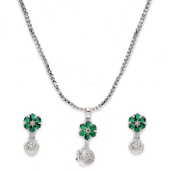 Rhodium-Plated Silver Toned Green Cubic Zirconia studded Floral Shaped Cute Pendant with Earrings