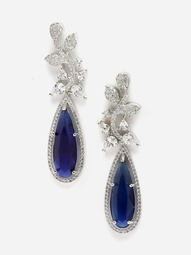 Rhodium-Plated Navy Blue American Diamond studded Teardrop & Leaf Shaped Drop Earrings