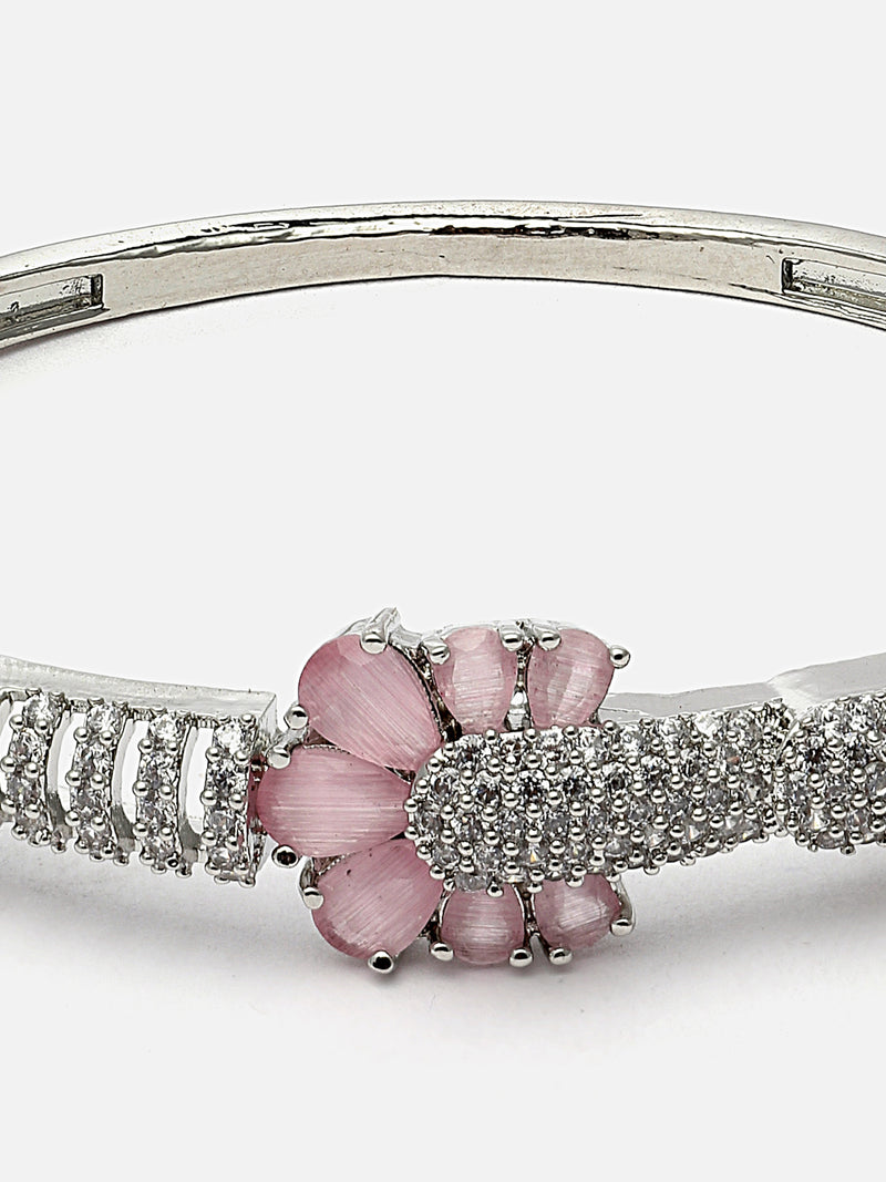 Rhodium-Plated Pink American Diamond Studded Floral Kada Bracelet