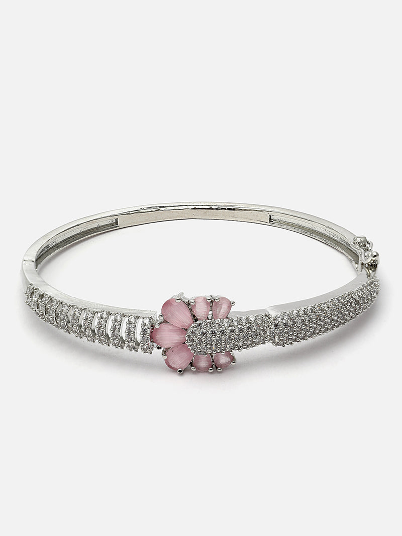 Rhodium-Plated Pink American Diamond Studded Floral Kada Bracelet