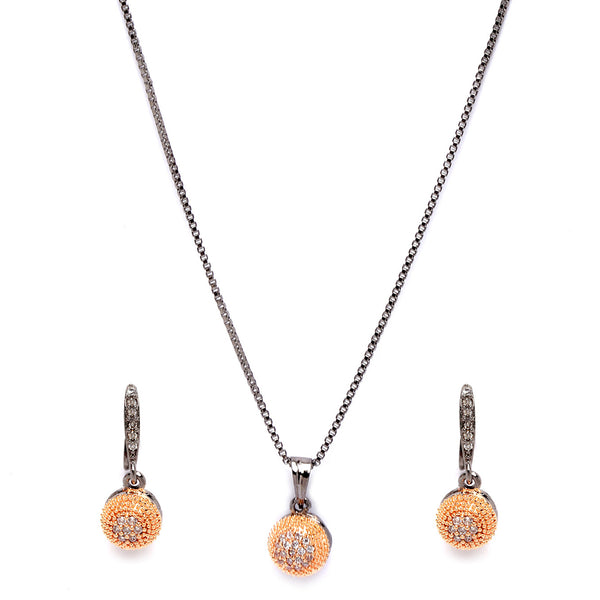 Rose Gold-Plated Gunmetal Toned White Cubic Zirconia studded Round Shaped Cute Pendant with Earrings
