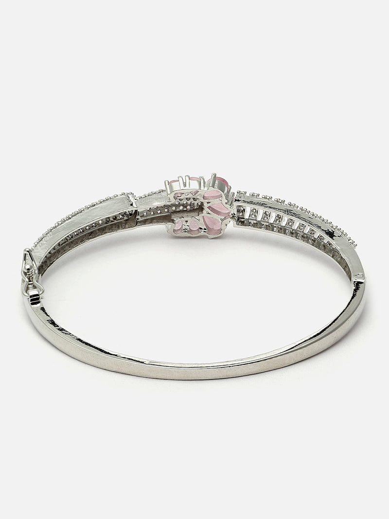 Rhodium-Plated Pink American Diamond Studded Floral Kada Bracelet