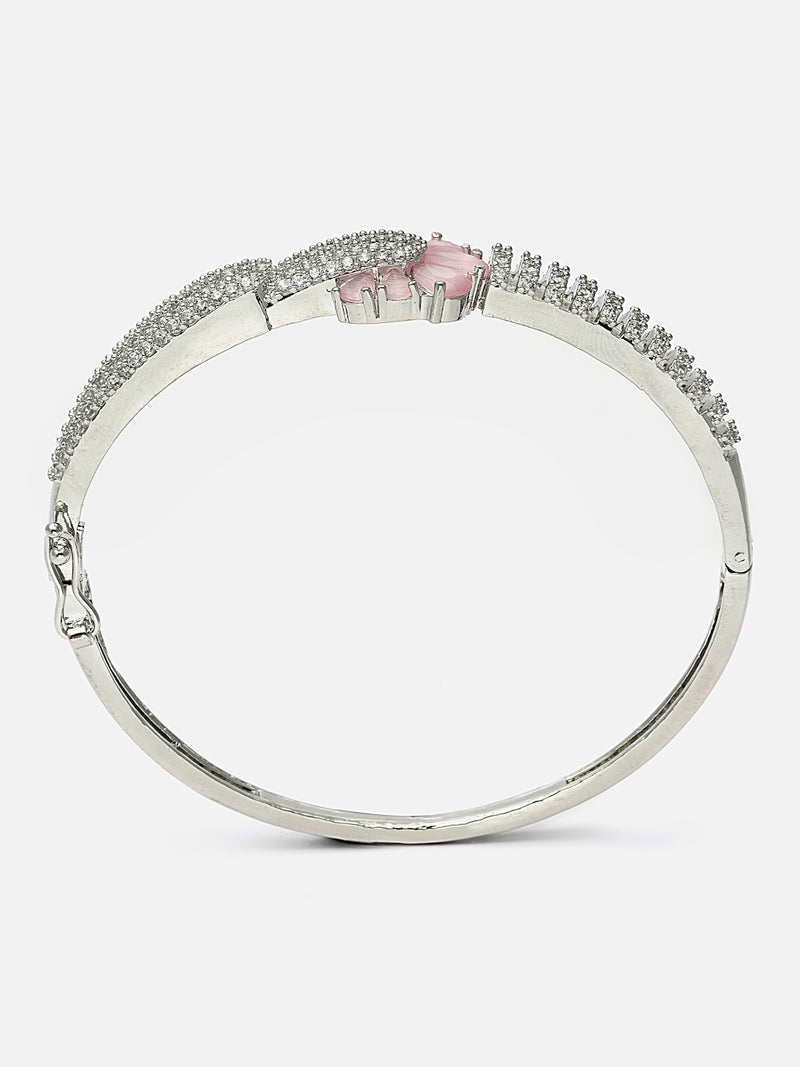 Rhodium-Plated Pink American Diamond Studded Floral Kada Bracelet