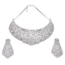 Rhodium-Plated Silver Toned White American Diamond Choker Necklace with Earrings Jewellery Set
