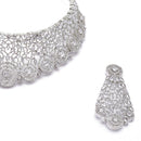 Rhodium-Plated Silver Toned White American Diamond Choker Necklace with Earrings Jewellery Set