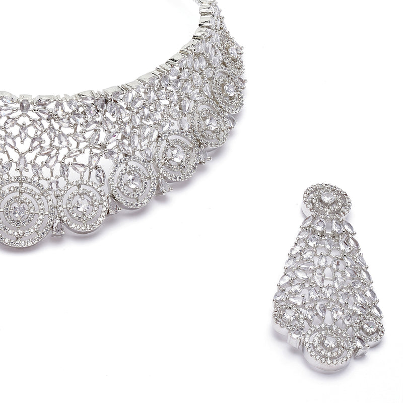 Rhodium-Plated Silver Toned White American Diamond Choker Necklace with Earrings Jewellery Set
