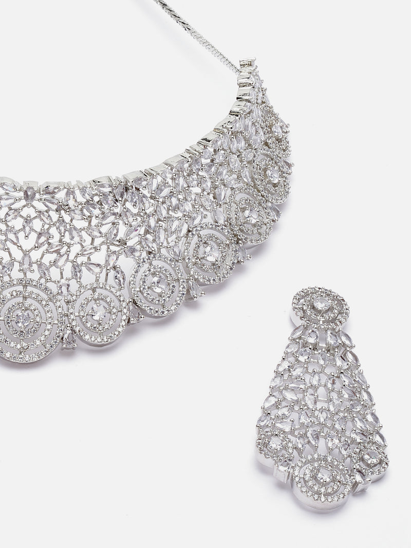 Rhodium-Plated Silver Toned White American Diamond Choker Necklace with Earrings Jewellery Set