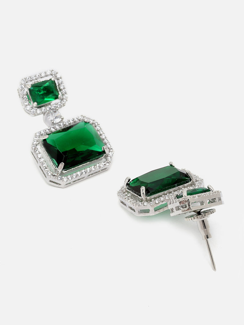 Rhodium-Plated Silver Toned Green & White American Diamond studded Square Shaped Drop Earrings