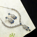 Rhodium-Plated Navy Blue Baguette Teardrops American Diamonds Studded Necklace & Earrings Jewellery Set