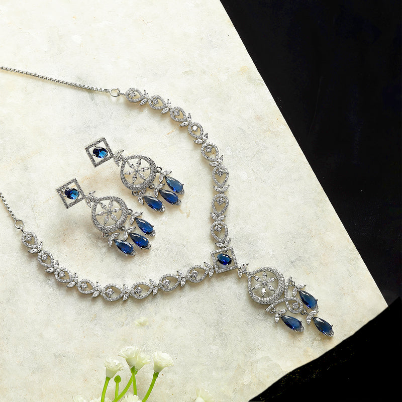 Rhodium-Plated Navy Blue Baguette Teardrops American Diamonds Studded Necklace & Earrings Jewellery Set