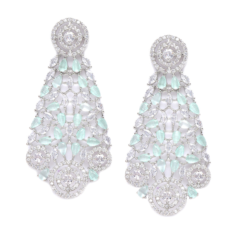 Rhodium-Plated Silver Toned Sea Green American Diamond Choker Necklace with Earrings Jewellery Set