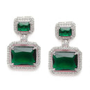 Rhodium-Plated Silver Toned Green & White American Diamond studded Square Shaped Drop Earrings