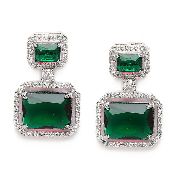 Rhodium-Plated Silver Toned Green & White American Diamond studded Square Shaped Drop Earrings