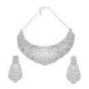 Rhodium-Plated Silver Toned Sea Green American Diamond Choker Necklace with Earrings Jewellery Set