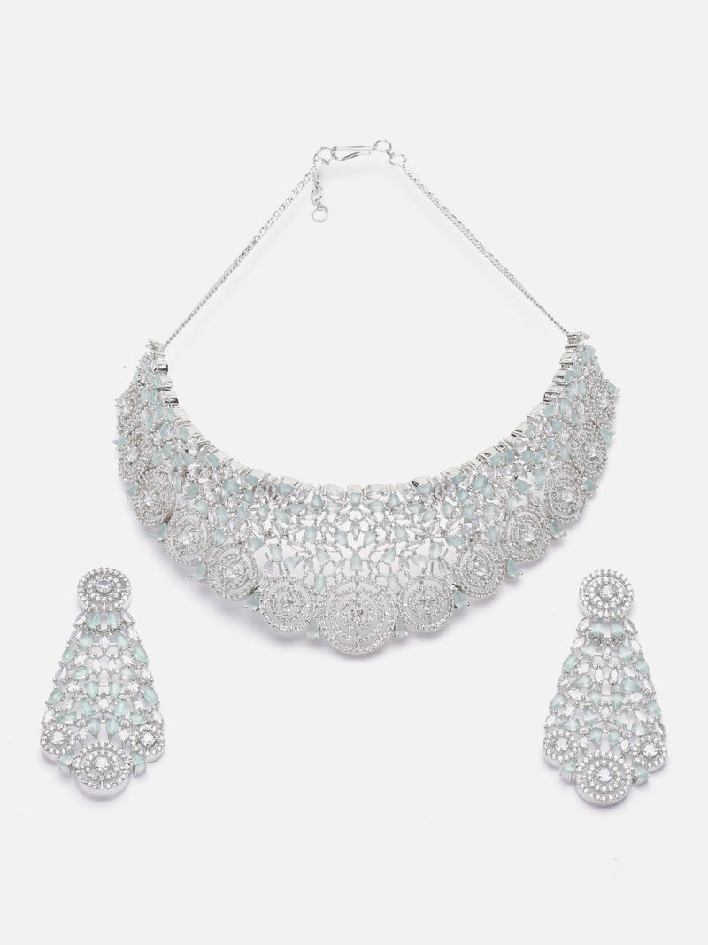 Rhodium-Plated Silver Toned Sea Green American Diamond Choker Necklace with Earrings Jewellery Set