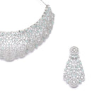 Rhodium-Plated Silver Toned Sea Green American Diamond Choker Necklace with Earrings Jewellery Set
