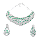 Rhodium-Plated Silver Toned Green American Diamond Choker Necklace with Earrings Jewellery Set