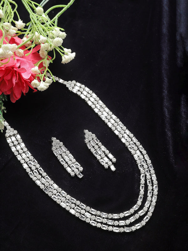 Rhodium-Plated White American Diamond Studded Layered Necklace & Earrings Jewellery Set