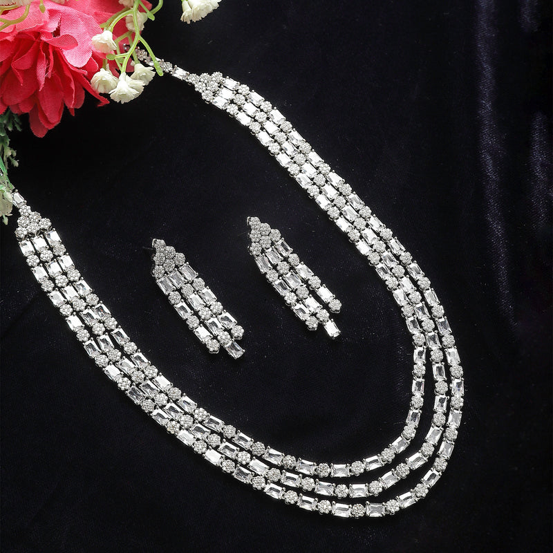 Rhodium-Plated White American Diamond Studded Layered Necklace & Earrings Jewellery Set