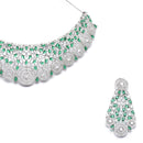 Rhodium-Plated Silver Toned Green American Diamond Choker Necklace with Earrings Jewellery Set