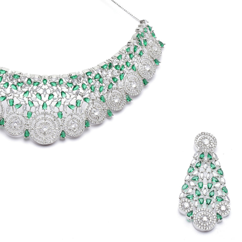 Rhodium-Plated Silver Toned Green American Diamond Choker Necklace with Earrings Jewellery Set