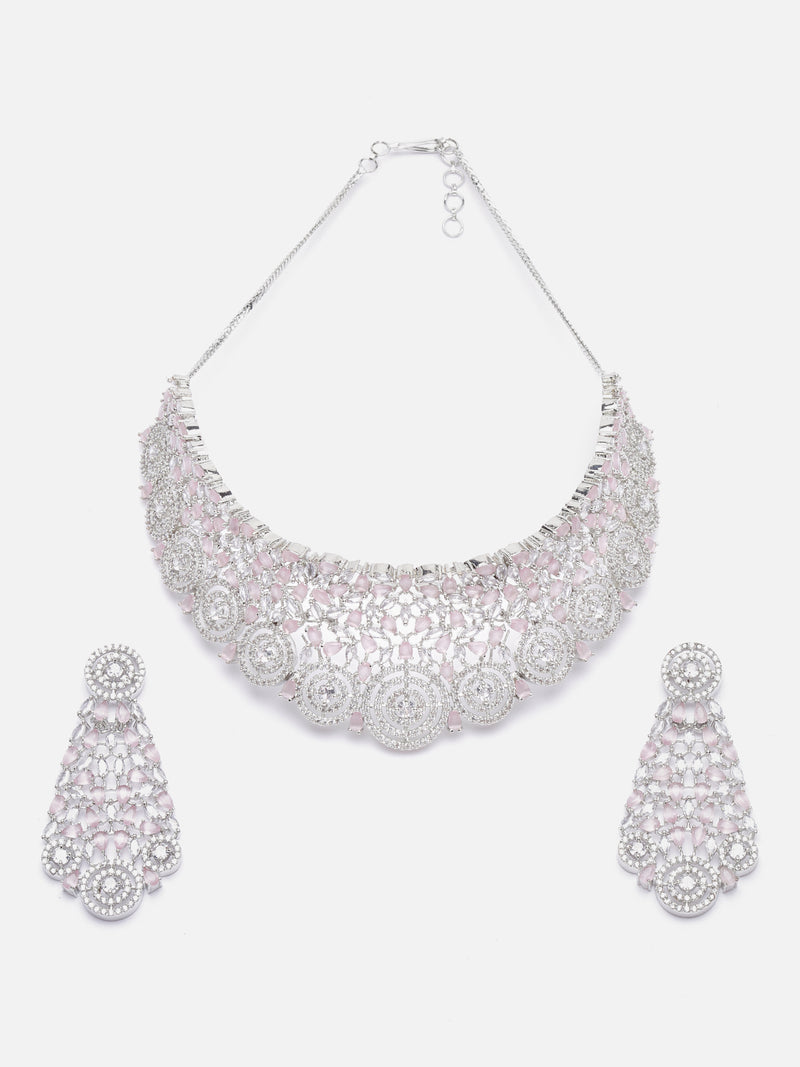 Rhodium-Plated Silver Toned Pink American Diamond Choker Necklace with Earrings Jewellery Set