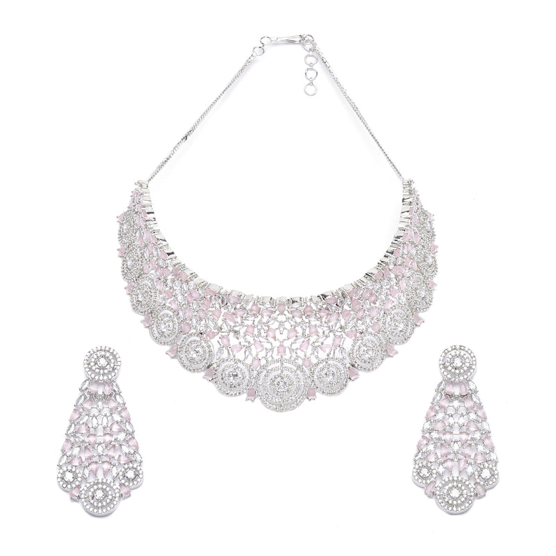 Rhodium-Plated Silver Toned Pink American Diamond Choker Necklace with Earrings Jewellery Set