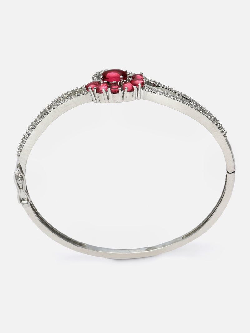 Rhodium-Plated Red American Diamond Studded Floral Theme Kada Bracelet