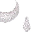 Rhodium-Plated Silver Toned Pink American Diamond Choker Necklace with Earrings Jewellery Set