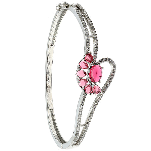 Rhodium Plated Silver Toned Flower Shaped Red American Diamond Studded  Bracelet