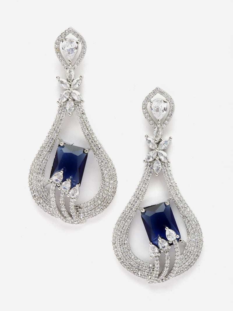 Rhodium-Plated Navy Blue American Diamond studded Handcrafted Quirky Shaped Drop Earrings