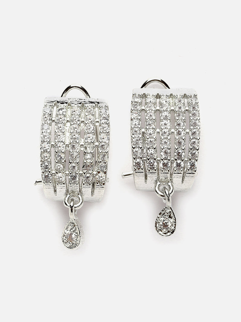 Rhodium-Plated Silver Toned White American Diamond studded Teardrop Shaped Studs Earrings