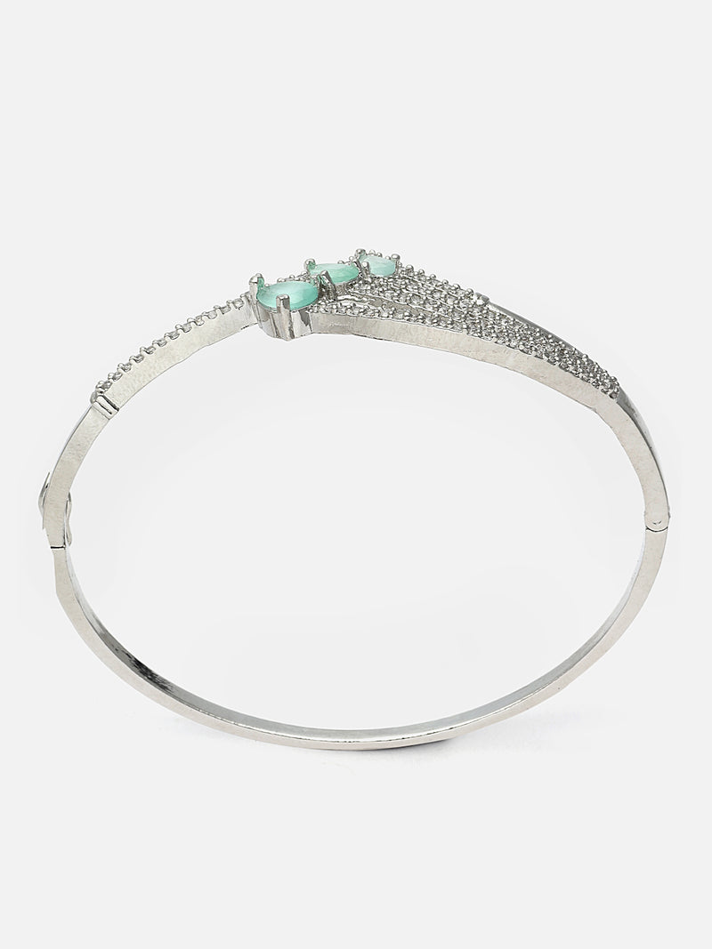 Rhodium-Plated Sea Green Teardrop Shape American Diamond Studded Kada Bracelet