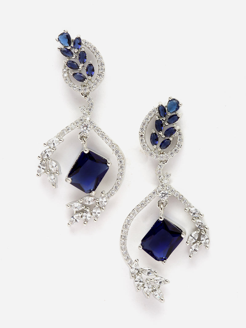 Rhodium-Plated Navy Blue American Diamond studded Square & Leaf Shaped Drop Earrings