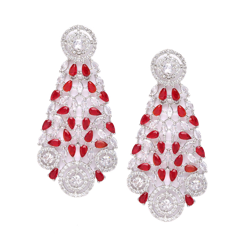 Rhodium-Plated Silver Toned Red American Diamond Choker Necklace with Earrings Jewellery Set