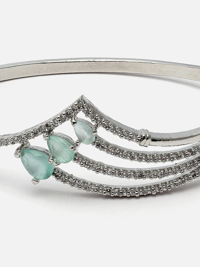 Rhodium-Plated Sea Green Teardrop Shape American Diamond Studded Kada Bracelet