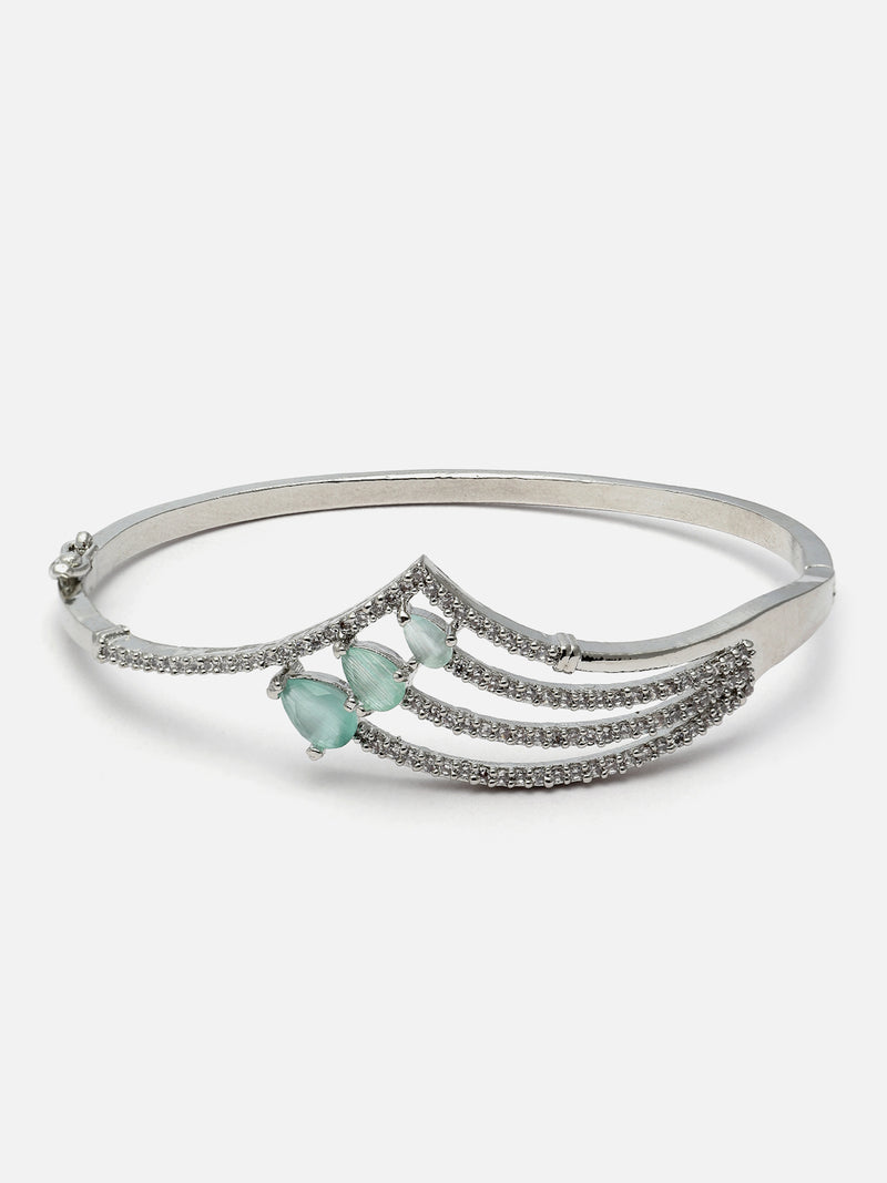 Rhodium-Plated Sea Green Teardrop Shape American Diamond Studded Kada Bracelet