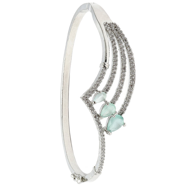 Rhodium-Plated Silver Toned Teardrop Shaped Sea Green  American Diamond Studded Bracelet
