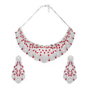 Rhodium-Plated Silver Toned Red American Diamond Choker Necklace with Earrings Jewellery Set