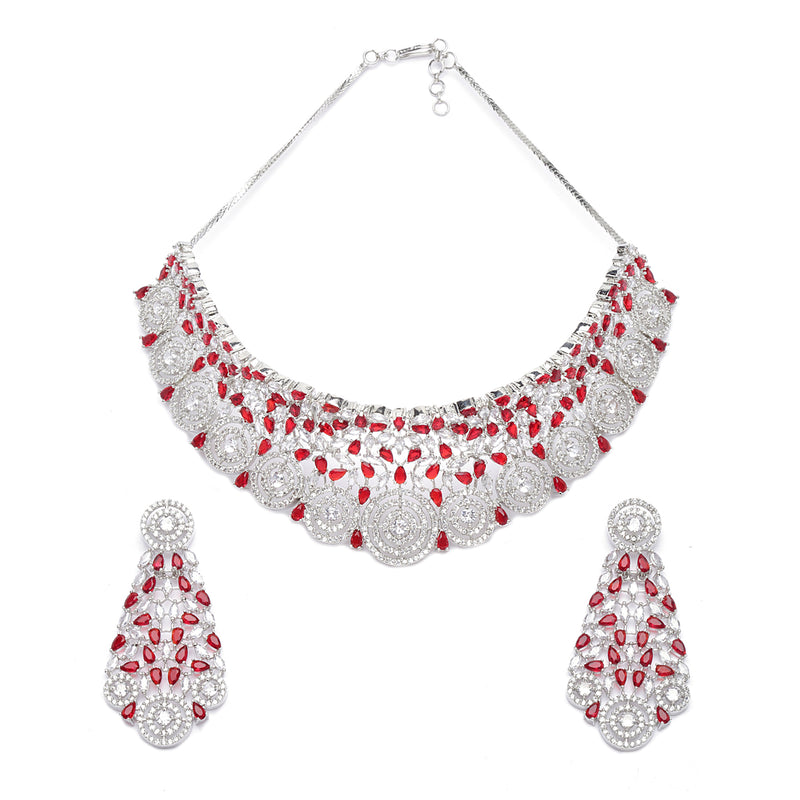Rhodium-Plated Silver Toned Red American Diamond Choker Necklace with Earrings Jewellery Set