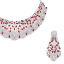 Rhodium-Plated Silver Toned Red American Diamond Choker Necklace with Earrings Jewellery Set