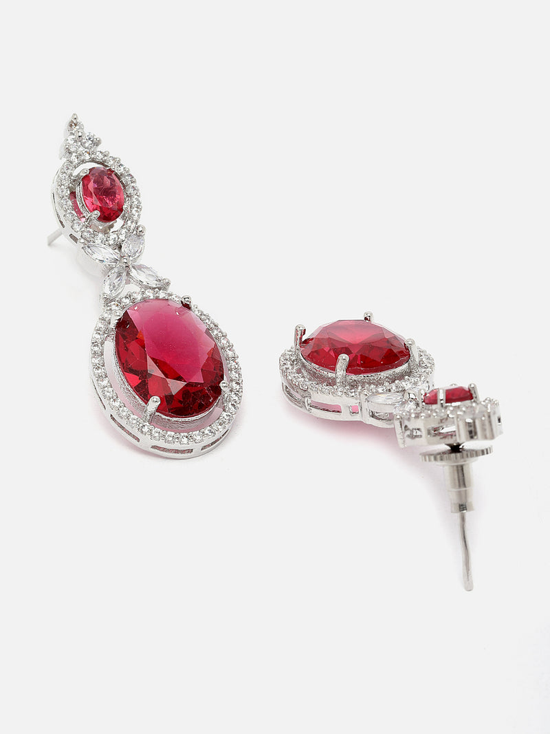 Rhodium-Plated Silver Toned Pink & White American Diamond studded Oval Shaped Drop Earrings