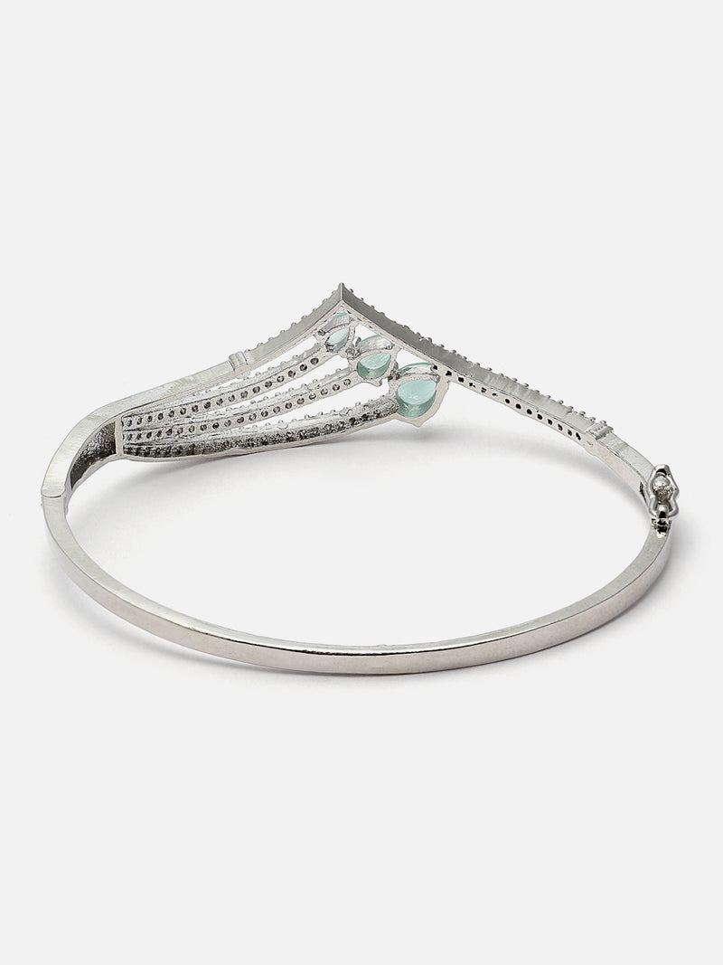 Rhodium-Plated Sea Green Teardrop Shape American Diamond Studded Kada Bracelet