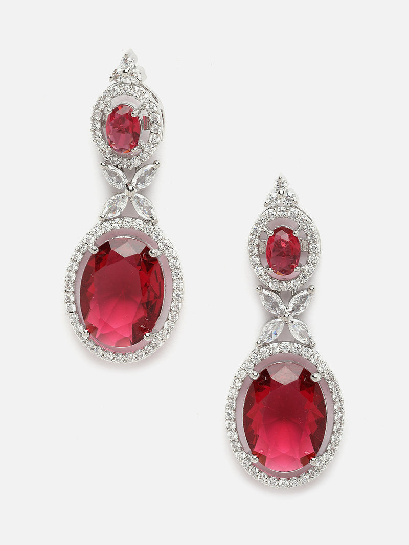 Rhodium-Plated Silver Toned Pink & White American Diamond studded Oval Shaped Drop Earrings