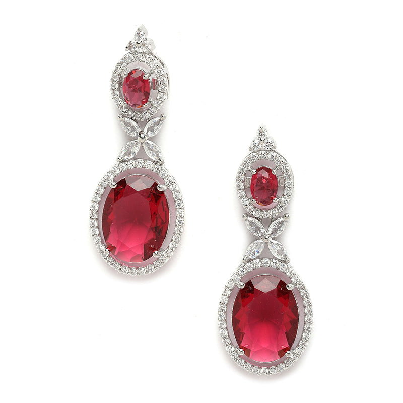 Rhodium-Plated Silver Toned Pink & White American Diamond studded Oval Shaped Drop Earrings