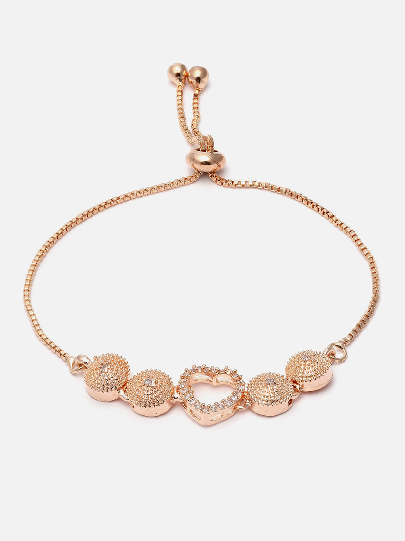 Rose Gold-Plated White American Diamond Studded Heart Shaped Link Bracelet