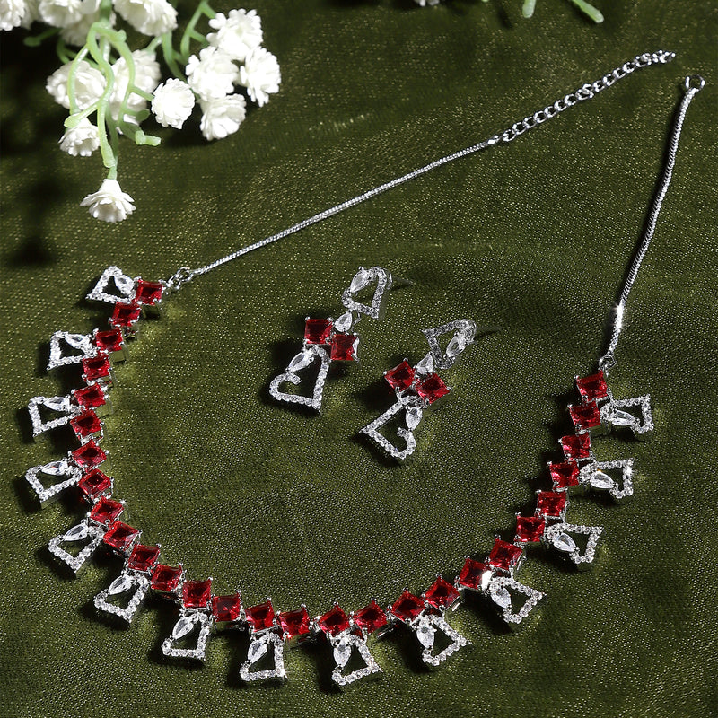 Rhodium-Plated Red American Diamonds Studded Cordate Necklace & Earrings Jewellery Set